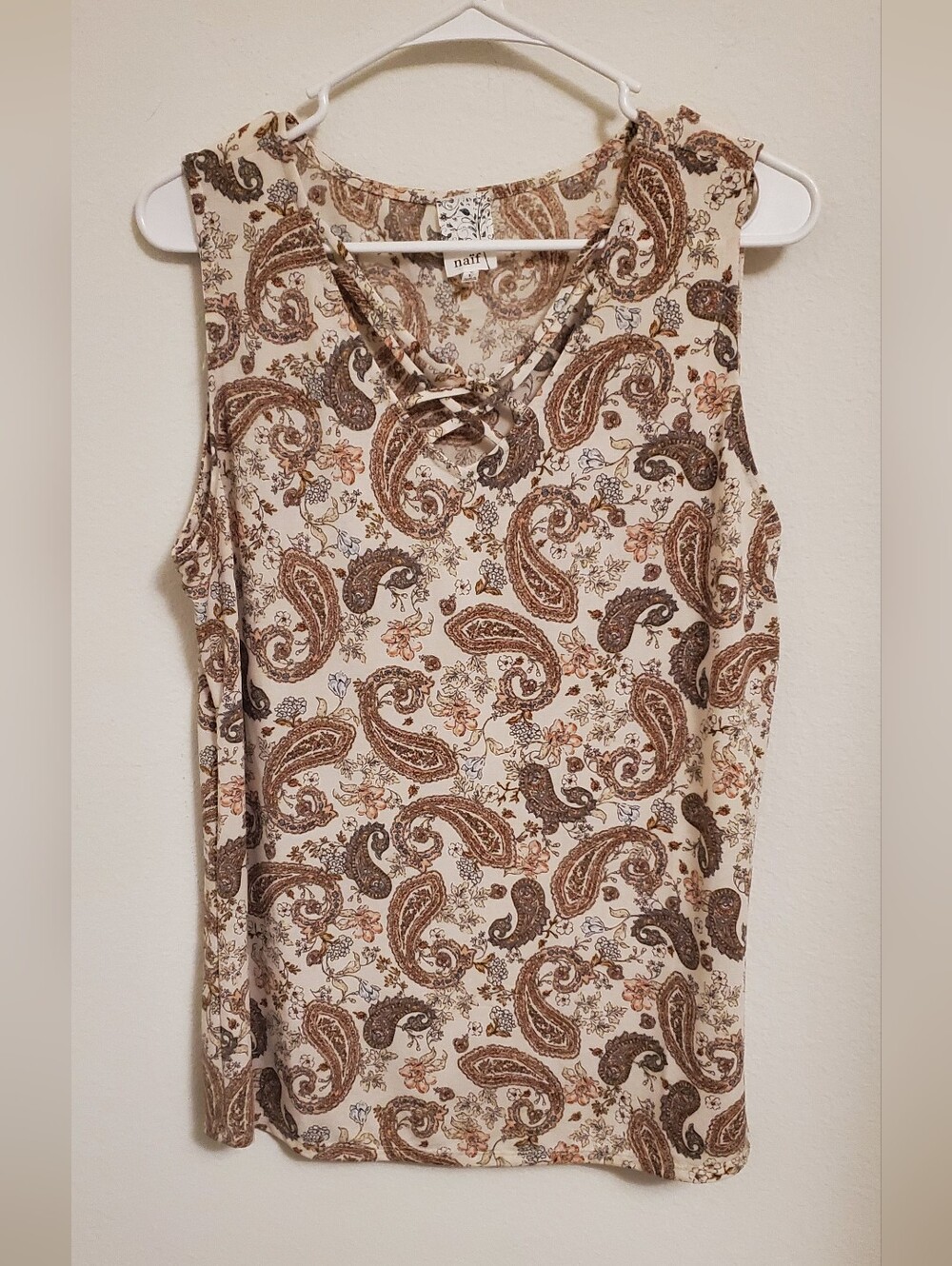 Naif Cream and Brown Paisley Sleeveless Tank with Lattice V-Neck